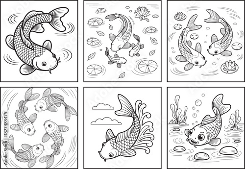Beautiful koi fishes playing on water coloring page bundle for kids, black line art vector illustration doodle set