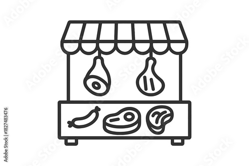 Various cuts of fresh meat and sausages displayed at a traditional butcher shop market stand