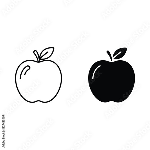 Simple outline and silhouette of a fresh apple with a leaf