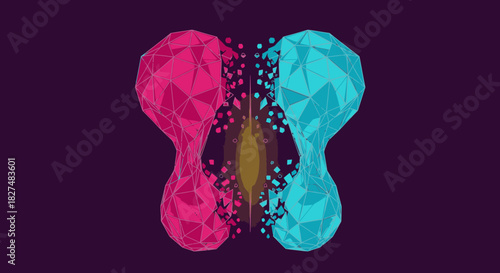 A captivating abstract illustration showcasing two vibrant polygonal forms, pink and blue, digitally interacting and creating a glowing energy core.