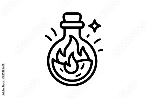 Magical flask containing burning flames and radiating energy
