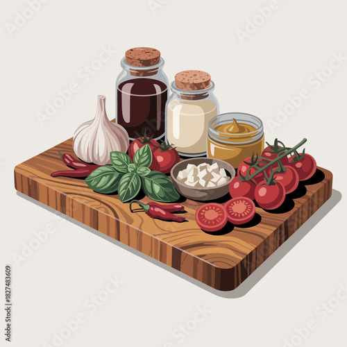 A beautifully arranged collection of fresh ingredients includes tomatoes, garlic, and herbs, evoking a sense of culinary delight and the joy of cooking at home.