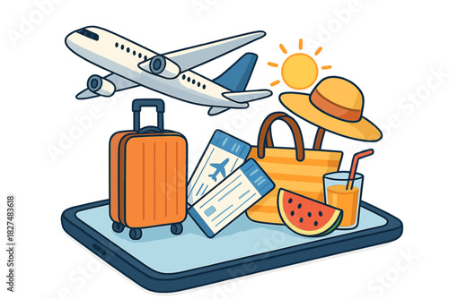 Digital travel booking concept with flight tickets suitcase sun hat and summer accessories on a smartphone