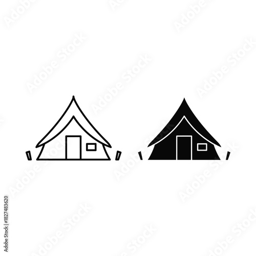 Two simple tent icons one outline one solid black