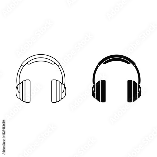 Two styles of headphones shown side by side in black and white outline and solid fill