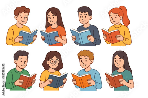 Diverse group of smiling young adults reading books, symbolizing education and continuous learning