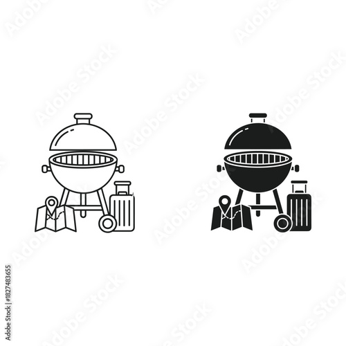 Travel barbecue grill icon with luggage and map vector art