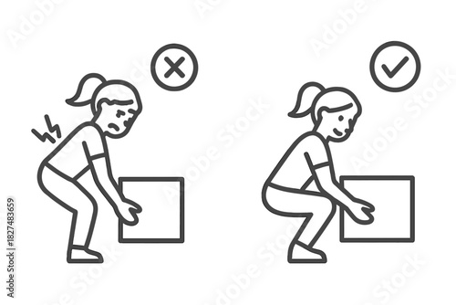 Comparison of correct and incorrect posture for lifting heavy objects to prevent back injury