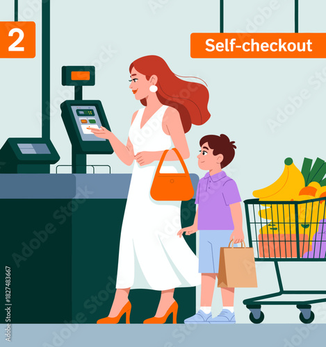 A stylish mother and son interact with a self-checkout machine at a grocery store, illustrating modern shopping convenience, technology, and family bonding in a contemporary setting.