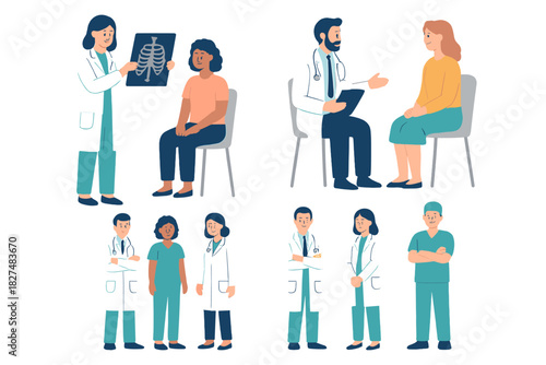 Medical professionals consulting with patients and standing in various hospital scenes