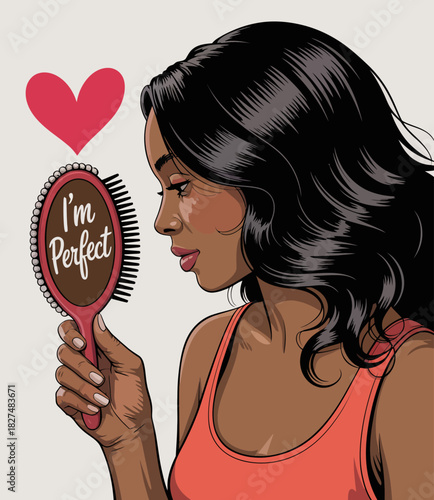 An inspiring illustration of a confident woman admiring herself in a mirror, highlighting themes of self-love, empowerment, and beauty, complemented by a bold statement of perfection.