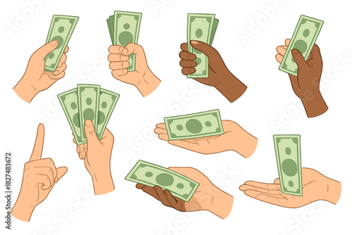 Collection of diverse human hands with varying skin colors holding cash banknotes