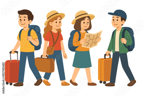 Diverse group of young people traveling with luggage and map on a white background