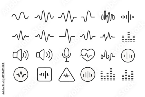 Audio frequency, sound waves, music equalizer, and heart rhythm icon set
