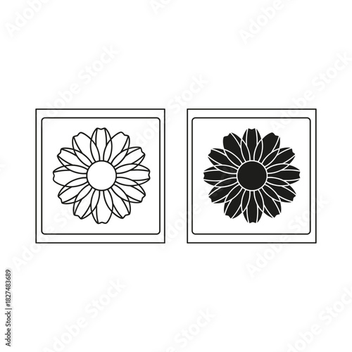 Two stylized floral illustrations one outline and one silhouette in square frames