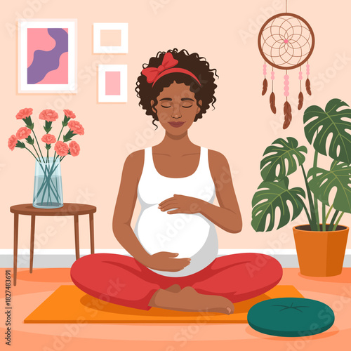 A serene illustration depicting a pregnant woman meditating at home surrounded by plants and decorations, reflecting tranquility and inner peace during pregnancy journey.