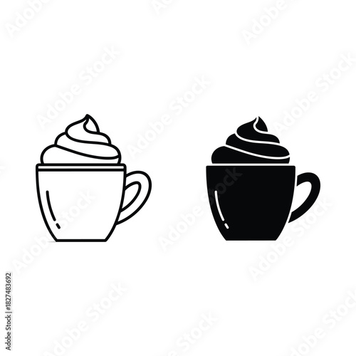 Simple line art and silhouette icons of a coffee cup with whipped cream