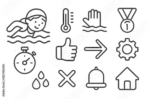 Outline icons set for swimming, sports, and essential user interface elements