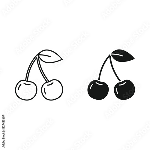 Two stylized cherries with stems and leaves in outline and solid black