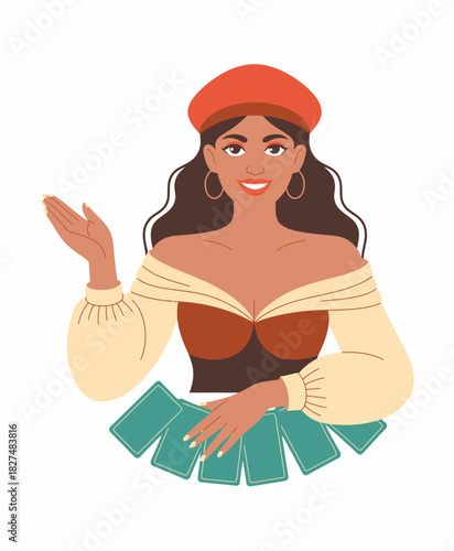 An elegant woman wearing a stylish outfit and a beret, enthusiastically showcasing tarot cards, symbolizing exploration of the future and mystical insight into life’s possibilities.