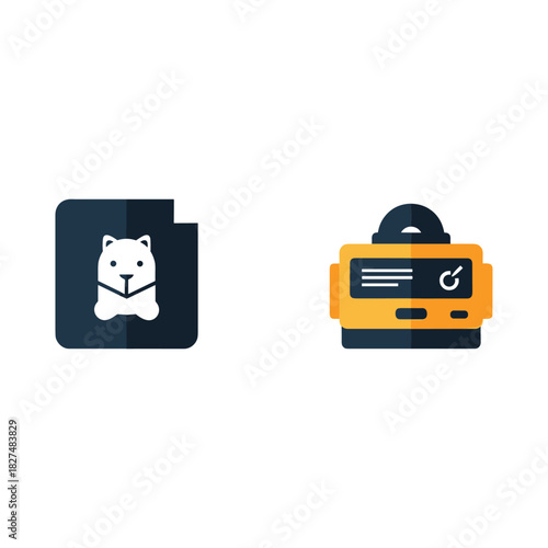 Cute cartoon white dog icon next to a retro robot illustration