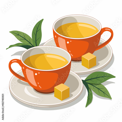 Two vibrant orange tea cups sit on saucers beside sugar cubes, conveying a warm invitation to enjoy a comforting cup of tea, symbolizing relaxation and togetherness.
