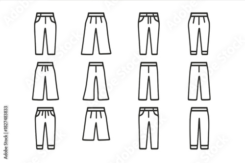 Outline symbols set showing various styles of men's and women's trousers and pants