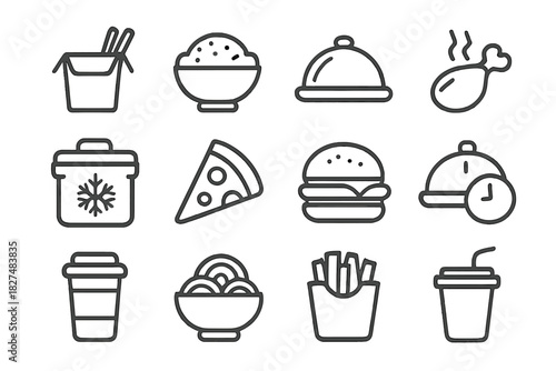 Set of simple outline icons representing various food, drinks, takeout, and meal delivery services