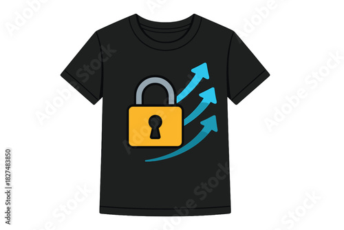Yellow padlock icon with three blue upward arrows representing security and growth