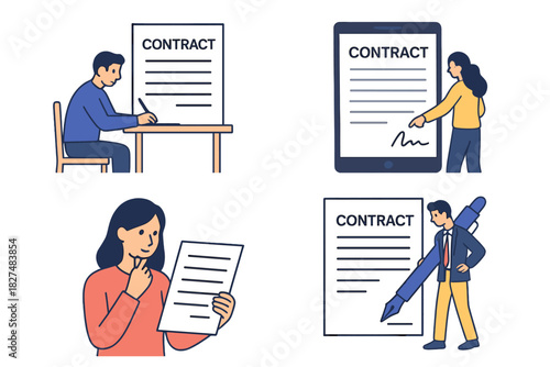 Business professionals signing legal agreements and contracts using paper and digital devices