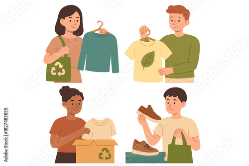 Diverse people recycling and donating clothing, promoting sustainable fashion and eco-friendly choices