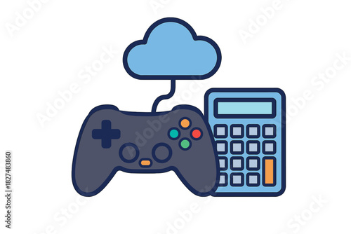 Gamepad, calculator, and cloud computing symbol for digital entertainment finance