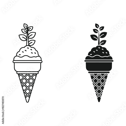 Ice cream cone with growing plant symbolizing growth and nature