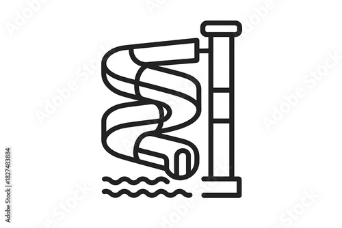 Simple line drawing of a spiral water slide structure at an amusement park or water park