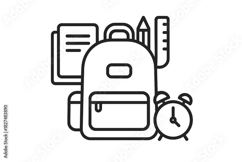 Student backpack surrounded by learning materials and time management tools for back to school