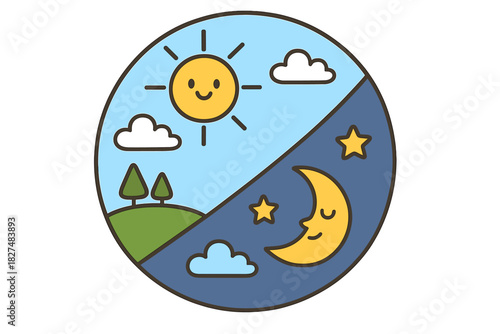 Smiling sun and crescent moon symbolizing the cycle of day and night in a circular graphic