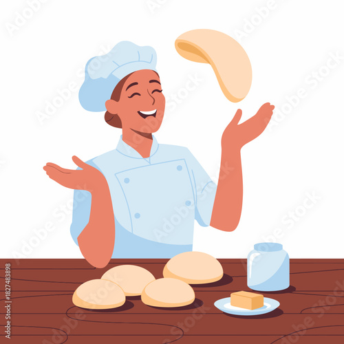 A joyful chef expertly tosses pizza dough in a vibrant kitchen setting, embodying culinary passion and professionalism. Perfect for food enthusiasts and culinary arts.