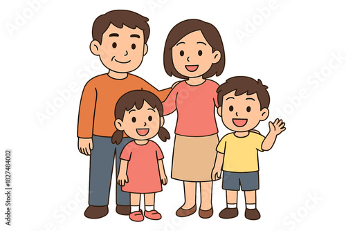 Joyful parents and two young children standing together in a happy family portrait