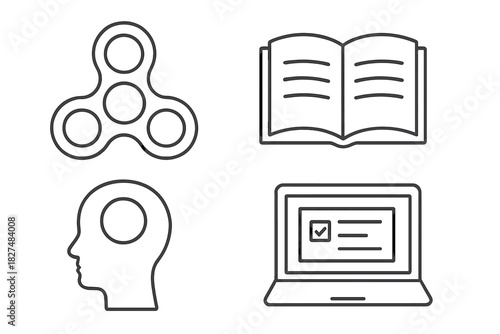 Line icons showing book, fidget spinner, head profile, and laptop test