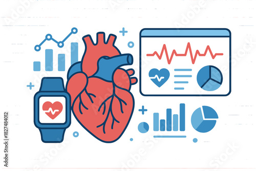 Cardiology concept showing anatomical heart, wearable device, and digital health statistics