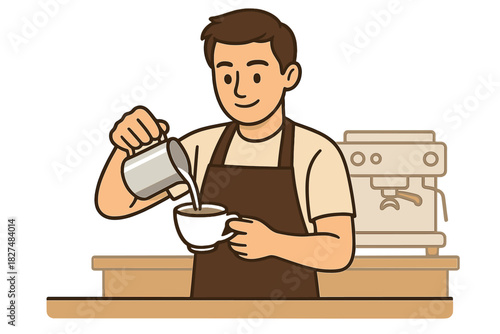 Smiling barista pouring milk from a pitcher to create latte art in a coffee cup