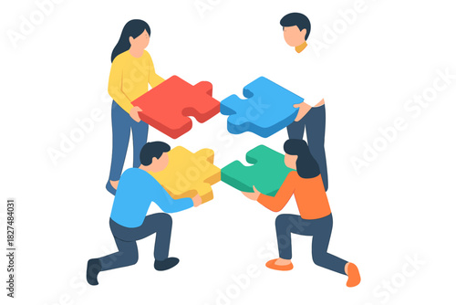 Diverse team assembling four large multicolored puzzle pieces symbolizing successful partnership