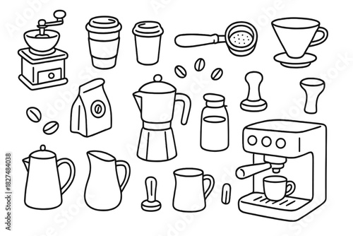Outline style drawing of coffee preparation tools and brewing accessories