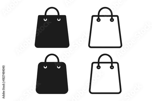 Set of four shopping bag icons in solid black and outline styles for retail and e-commerce
