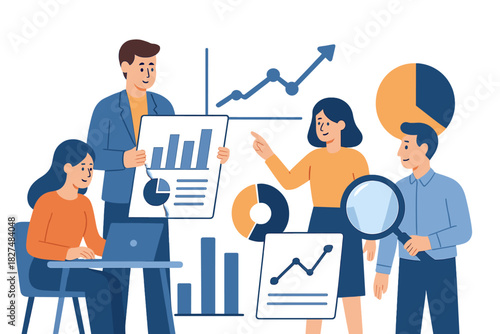 Business professionals collaborating on data analysis, financial reports, and strategic planning