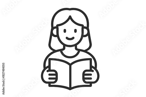 Minimalist outline design showing a person holding and reading an open book