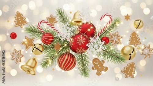 Wallpaper Mural Festive christmas arrangement with fir branches, red ornaments, gingerbread cookies, candy canes, and golden bells on a bokeh background Torontodigital.ca