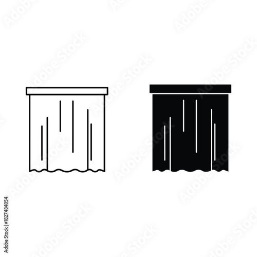 Two simple icons representing a draped table or stage curtain in outline and solid fill