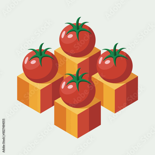 Vibrant red tomatoes are creatively arranged on geometric blocks, showcasing a playful and artistic representation of food, perfect for culinary themes and fresh produce concepts.