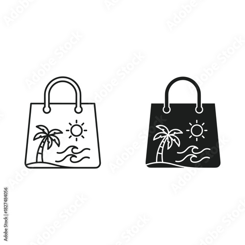 Two tote bags with tropical beach scene illustration
